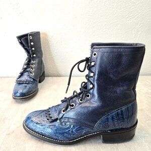 Laredo Western Boots Kiltie Floral Blue Tooled Leather Roper Ankle Booties Sz 7